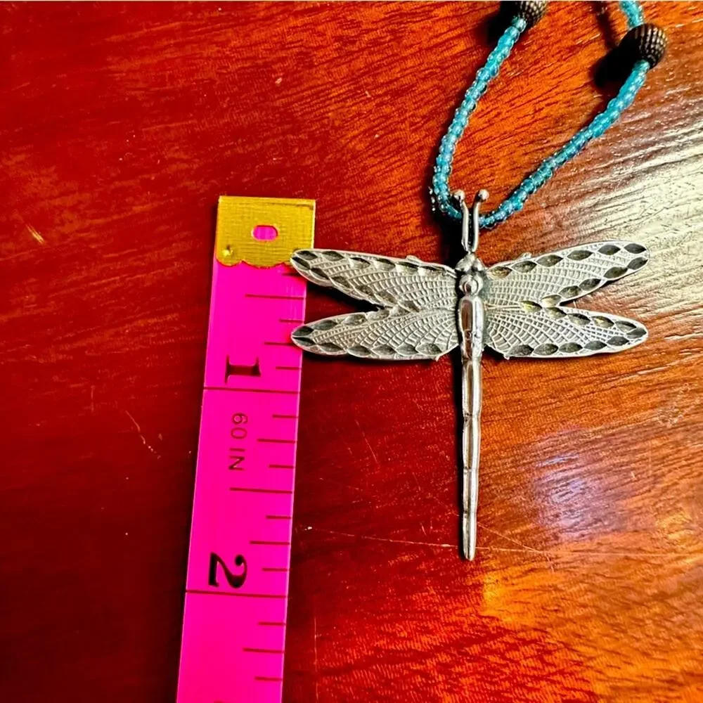 Sterling Silver Dragonfly Pendant Necklace Blue Beads Boho Beaded Casual Jewelry